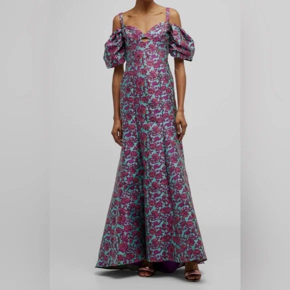 $1492 Zac Posen Women's Purple Floral Jacquard Cold Shoulder Gown - Picture 1 of 8